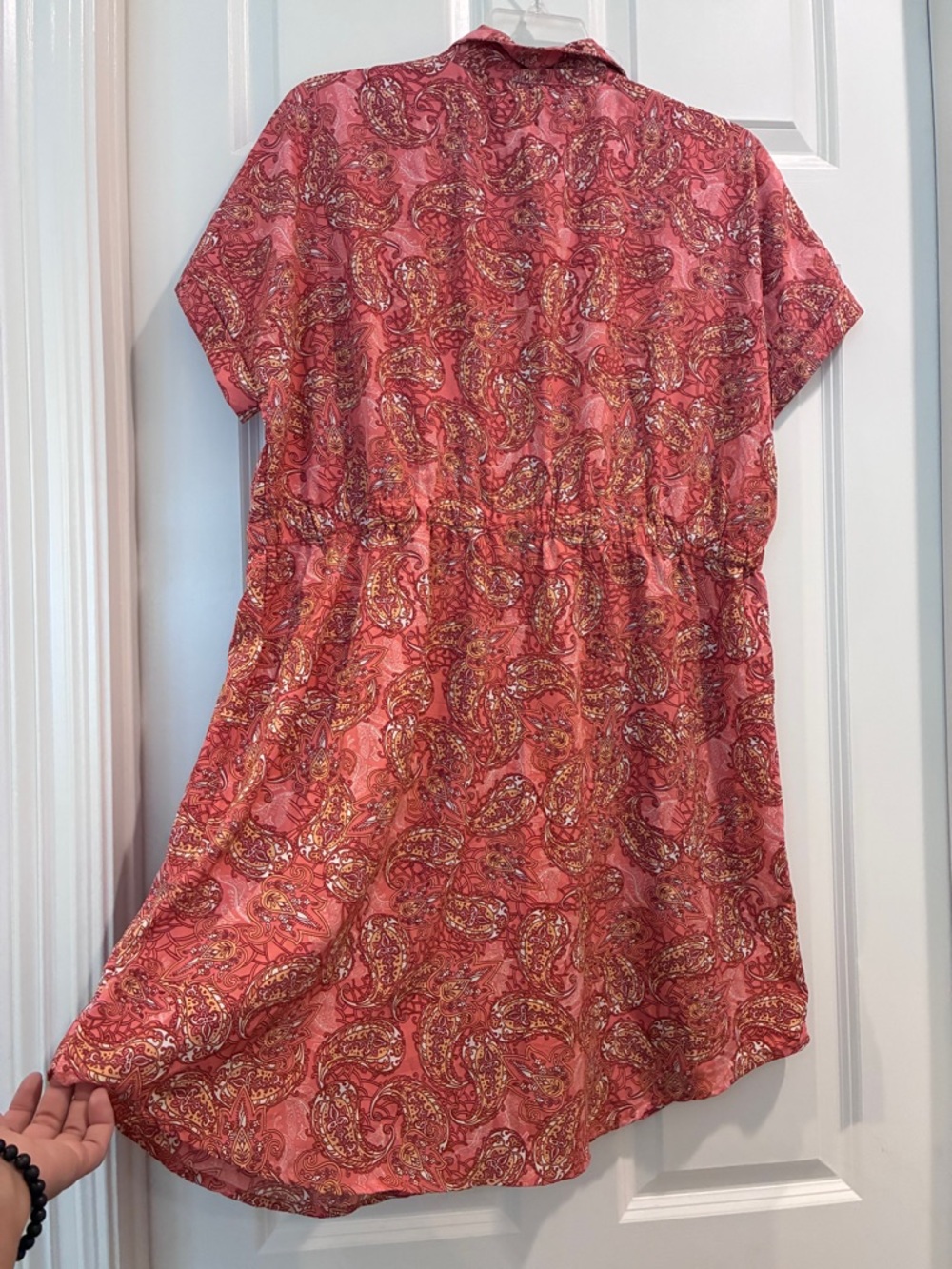 Pink Paisley Button-Front Drawstring Mini Dress - Picture 6 of 9